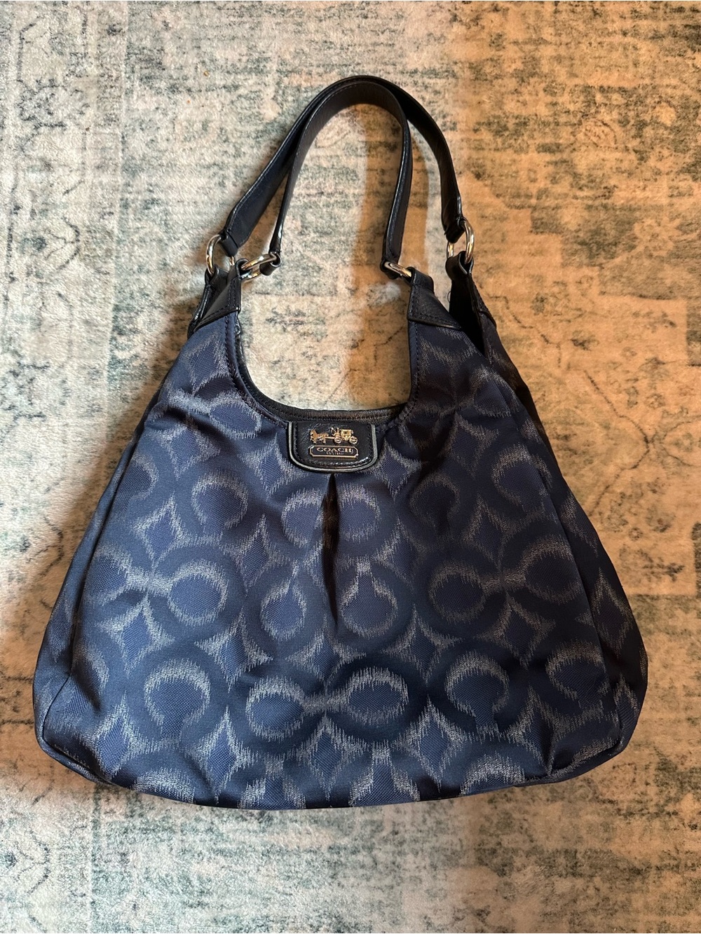Coach Navy Signature Jacquard Shoulder Bag with Leather Straps